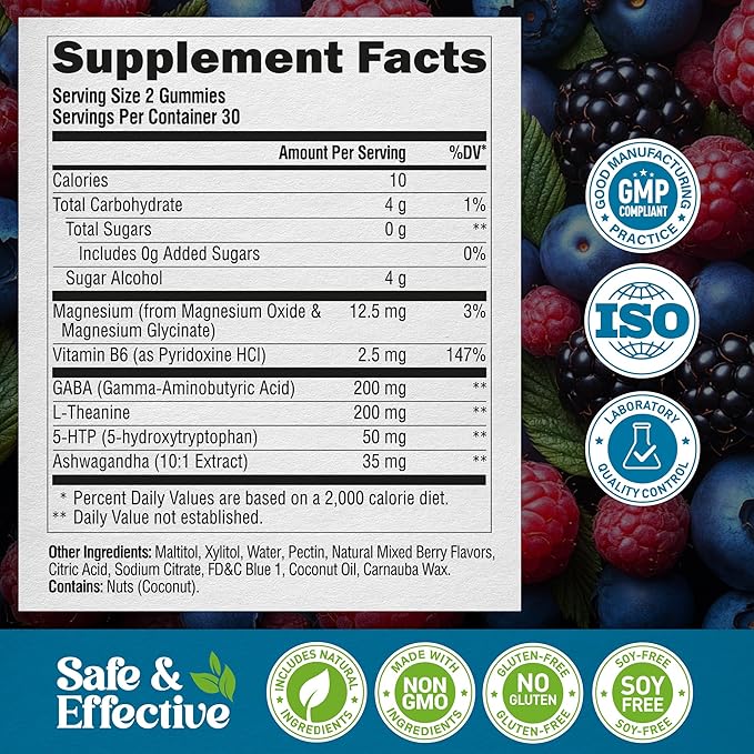 Stress Relief Support 500 mg - Relax, Calm & Sleep Support - Stress Gummies with L-Theanine | GABA | Ashwagandha | 5-HTP | Vitamin B6 & Magnesium - Sugar-Free, Vegan, Mixed Berry Flavor, Pack of 3