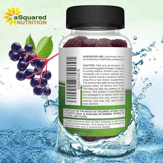 aSquared Nutrition Sambucus Elderberry Gummies with Zinc and Vitamin C - Chewable Gummy Supplement Alternative to Capsules Pills - Black Elderberries w/VIT C for Adults Immune Support - 90 Gummies