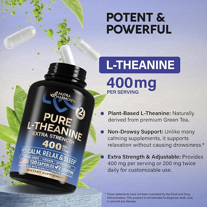 L Theanine 400 mg | L-Theanine Stress Relief | Extra Strength Supplement | Made in USA | Relaxation, Sleep & Calm Support | For Men & Women | Plant Based, Non-GMO & Gluten-Free | 120 Vegan Capsules