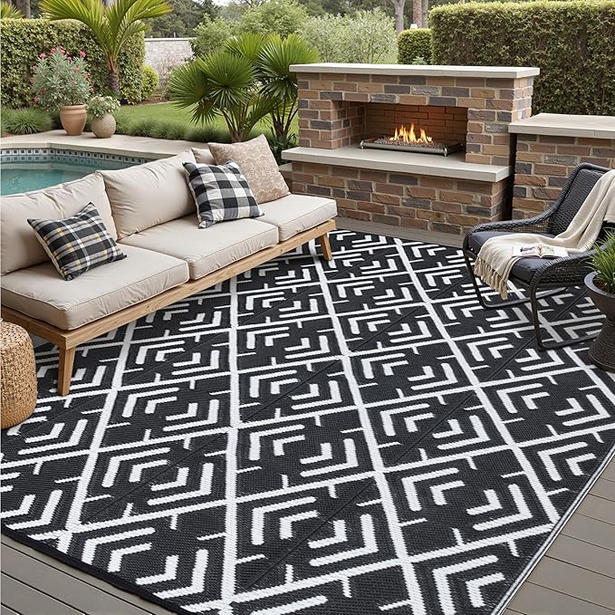 RV Outdoor Rug Waterproof Mat Outdoor Rugs 9'x12' for Patios Clearance Carpet Outdoor Camping Rugs Large Plastic Straw Rug(9x12ft Geometric Black&White)