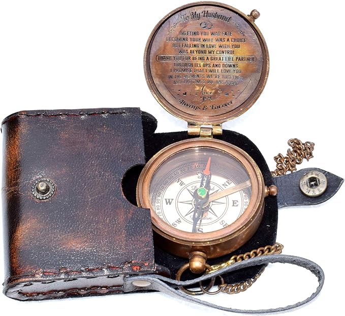 Antique Nautical Vintage Directional Magnetic Compass with Famous Scripture Quote Engraved Baptism Gifts with Leather Case or Wooden Case for Loved Ones, Son, Father, Love, Partner, Spouse, Fiancé