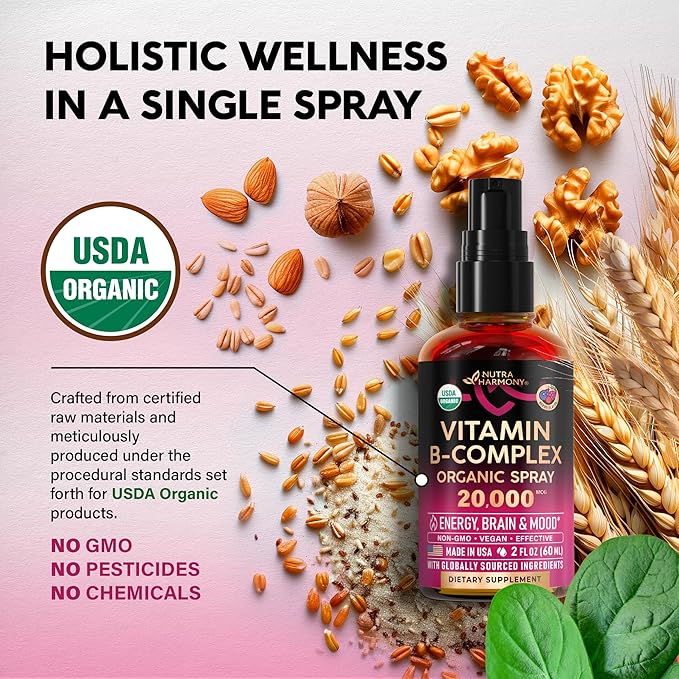 USDA Organic Vitamin B-Complex Liquid Spray 8-in-1 - B5 Pantothenic Acid | B12 Methylcobalamin | B1 Thiamine | B6 Pyridoxine | B7 Biotin | B9 Folic | B3 Niacinamide - Made in USA Supplement, 2fl oz