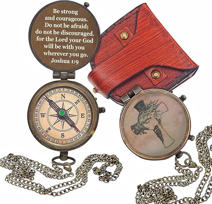 Be Strong and Courageous Brass Religious Compass Gift Confirmation Baptism Easter Christian Catholic Graduation Trekking Adventure Engraved Scripture Prayer Gift for Men Women Teenage Boys Girls
