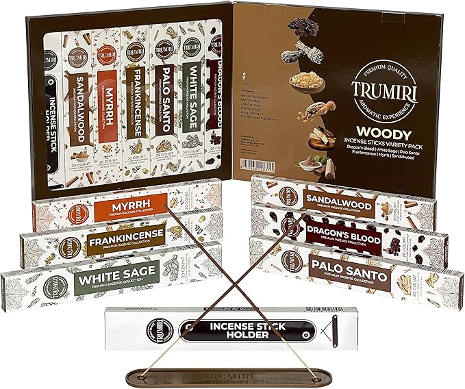 Woody Incense Sticks Variety Pack - 120 Insence-Sticks (6 Incents x 20 Insense) - White Sage Palo Santo Dragons Blood Sandalwood - Natural Inscents-Sticks Non Toxic Cleansing Incienso + Burner Holder