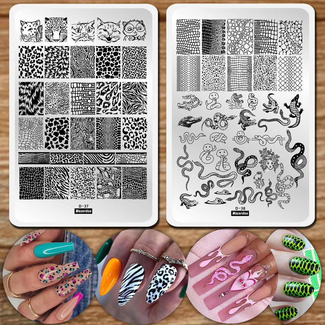 Leopard Snake Nail Stamping Plate Stencils For Nail Art Reusable 2Pcs Large Size Nail Stamper Plates Templates Cat Crocodiles St