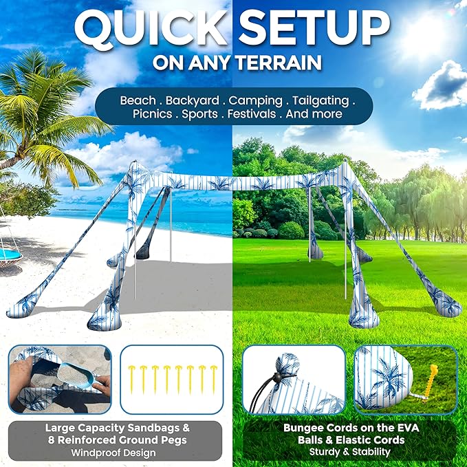 Beach Canopy Beach Tent Pop Up Shade 10x10ft Sun Shelter UPF50+ with 8 Sandbags-2 Sand Shovel-4 Aluminum Poles-Ground Pegs-Portable Carrying Bag for Outdoor Family Camping Fishing Yard Picnic
