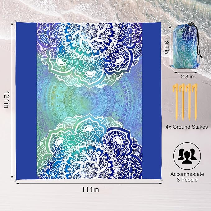 Beach Blanket Waterproof Sandproof, 111x121Inch Sand Free Beach Mat, Quick Drying, Light Weight and Portable Outdoor Picnic Mat for Travel, Camping