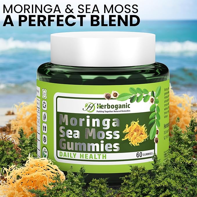 Moringa Sea Moss Gummies - Amazing Superfood Green Supplement with Fiber, Immune Support, and Moringa Leaf Powder Extract - Supplement 60 Count.