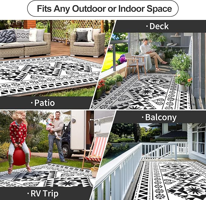 Waterproof Outdoor Rug 6x9ft, Reversible Plastic Straw Mat Rugs for Patio RV Deck Porch Backyard Balcony Camping Picnic Beach Indoor Outdoor Carpet, Black&White