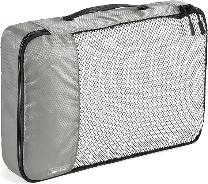 Amazon Basics Lightweight Packing Cubes Travel Organizer Set with Double Zipper, Mesh Top, Multiple Sizes, 4 Piece, Gray
