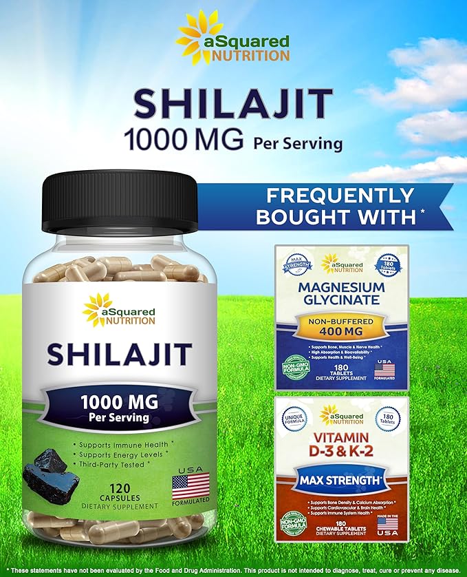 aSquared Nutrition Shilajit 1000mg - 120 Capsules - Pure Shilajit Extract Supplement and Powder Complex Pills - Natural Humic & Fulvic Acid & Trace Minerals - Alternative to Resin & Drops