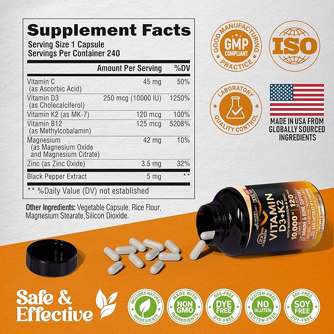 Vitamin D3 K2 - Vitamin D3 10000 iu & K2 as MK-7 120 mcg - Immune & Mood Support, for Bone & Teeth Health - with Magnesium, Zinc & Vitamin C & B12 - Highly Bioavailable - Made in USA, 240 Capsules