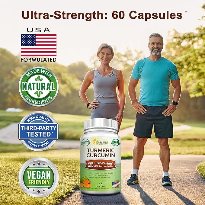 aSquared Nutrition Turmeric Curcumin 1300mg with BioPerine Black Pepper Extract Supplement - 60 Capsules - with 95% Curcuminoids - Natural Tumeric Root Powder Joint Pills