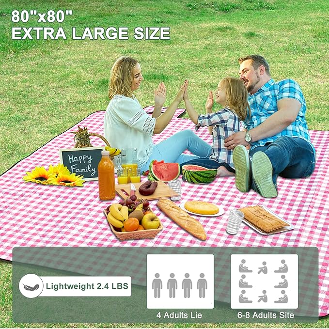 Picnic Blankets Outdoor Blanket, 80''x80'' Extra Large Beach Blanket Waterproof Sandproof Foldable & Machine Washable, Vintage Gingham Grass Lawn Park Blankets for Family Camping Party Music Festival