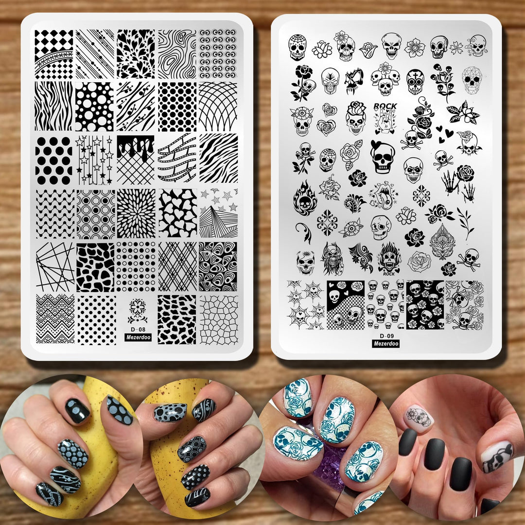 Mezerdoo 2Pcs 9.5X14.5Cm Nail Stamping Plates Geometry Skull Series Nail Art Stamp Templates Stencils Design Polish Manicure Str
