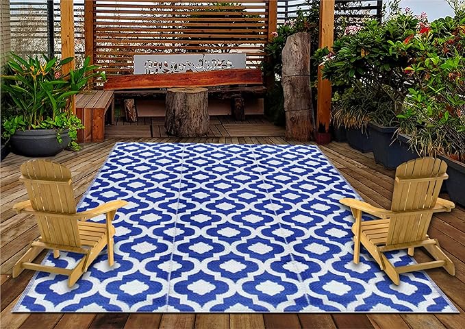 BalajeesUSA Outdoor Rug - 9x12 Blue, reversible Recycled Plastic straw Outdoor Patio Rugs Clearance Waterproof Large RV Camper Rug 484