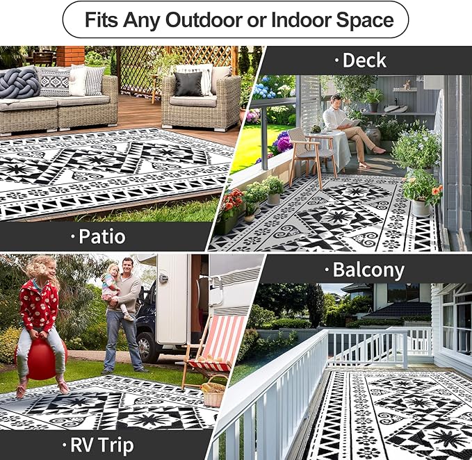 Waterproof Outdoor Rug 5x8ft, Reversible Plastic Straw Mat Rugs for Patio RV Deck Porch Backyard Balcony Camping Picnic Beach Indoor Outdoor Carpet, Black&White