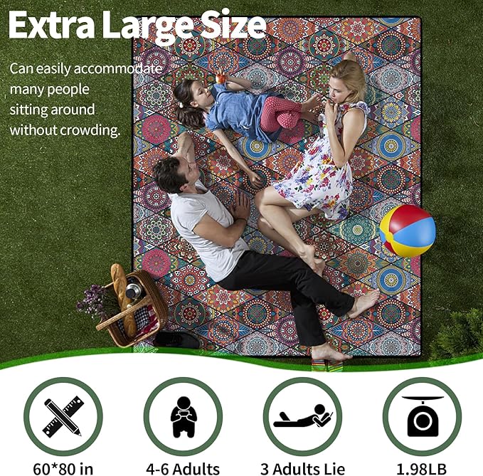 60x80'' Oversized Picnic Blanket Patios Water Proof Sandfree Lightweight Portable Beach Workout Concert Matts Festival Family Camper Trailers Items Motorhome Car Trips Stuff Gift Ideas Boho