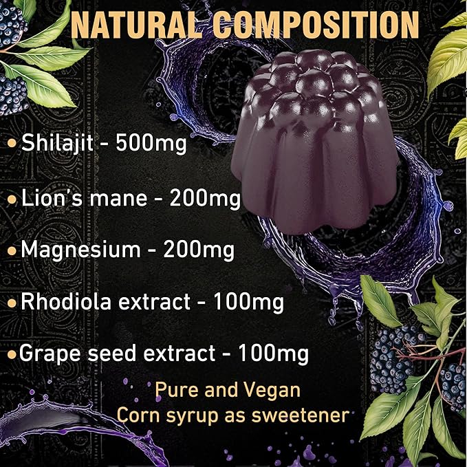 ad hoc 1100mg Gold Shilajit Gummies with Magnesium, Lions Mane, Rhodiola, Grape Seed - Himalayan Shilajit for Men Women, 85+ Trace Minerals & Fulvic Acid, Pure Shilajit for Energy Immune Support,60 Ct