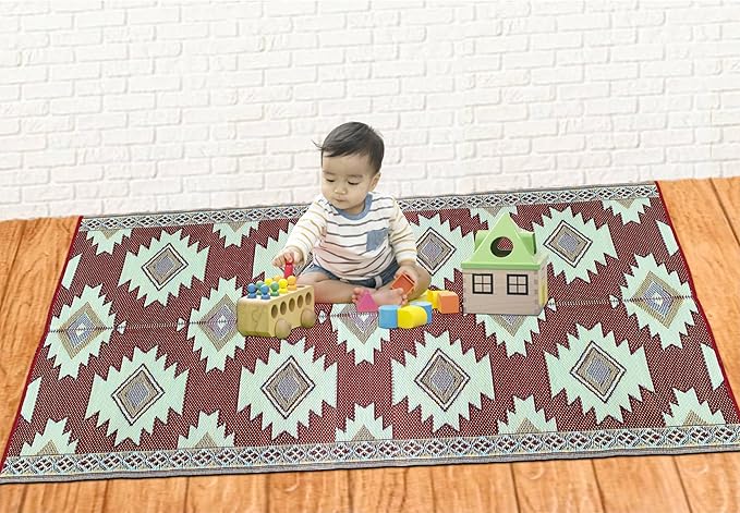 BalajeesUSA Outdoor Rug - 6x9 Red, Black, Sky Blue, Reversible Recycled Plastic Straw Outdoor Patio Rugs Clearance Waterproof Large RV Camper Mats Outside 460