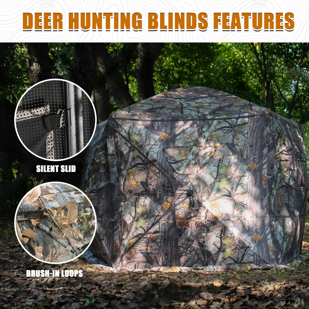 Extra Large Hunting Blind 4 Person with Portable Hunting Chair, 288 Degree See Through Pop up Ground Blinds for Deer Turkey Duck Hunting, Bow Hunting Adjust Windows with Silent Zipper