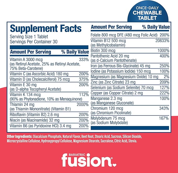 Bariatric Fusion One Per Day Bariatric Multivitamin with Iron Chewable | Citrus Berry Flavor | Vitamins for Gastric Bypass and Sleeve Gastrectomy | Non-GMO | 30 Count