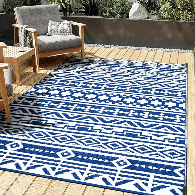 Outdoor Plastic Straw Rug, Waterproof Outdoor Rugs for Patios Clearance, Reversible Area Rug, Large Outside Carpet for Camping, Balcony, RV, Deck, Picnic, Beach 5x8ft Geometric Boho Blue&White