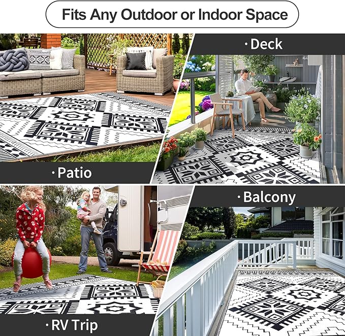 Waterproof Outdoor Rug 5x8ft, Boho Reversible Plastic Straw Mat for Patio RV Deck Porch Backyard Balcony Camping Picnic Beach Indoor Outdoor Carpet, Black&White