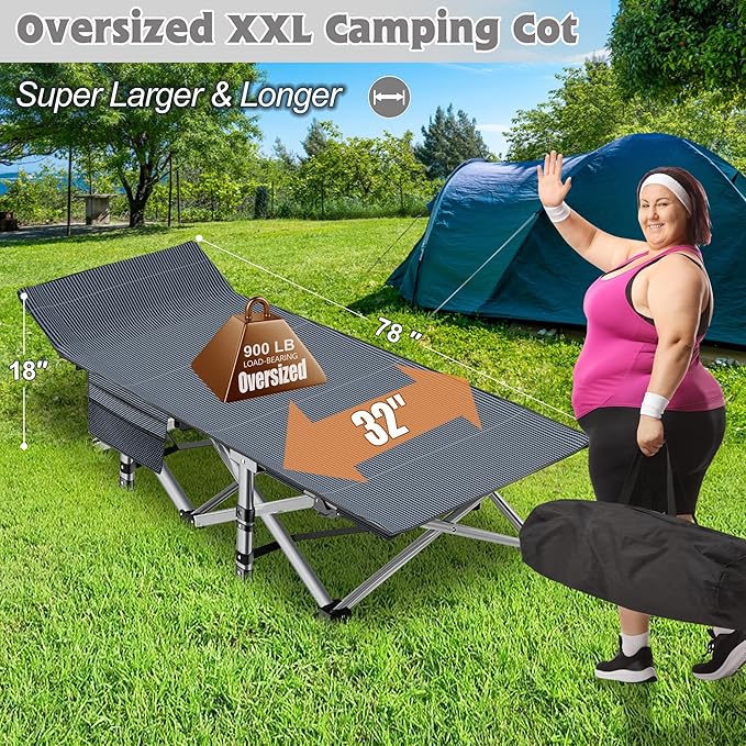 ABORON Oversized XXL Folding Camping Cot W/Mat for Adults, 78" L x 32" W x 18" H, Heavy Duty Outdoor Bed with Carry Bag,1200 D Layer Oxford Travel Camp Cots