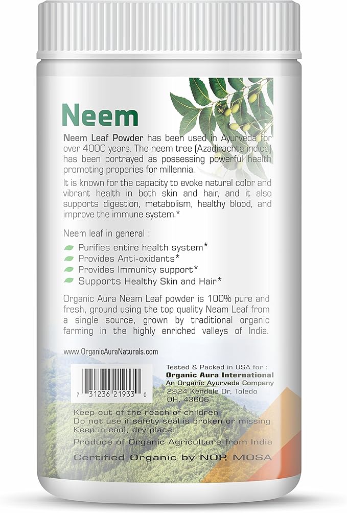 Organic Aura Neem Leaf Powder (Azadirachta Indica). 100% Pure Neem, Raw and Green. USDA Certified Organic Neem for Immune Support, Skin, and Hair. Naturall Source of Antioxidants and Detox.