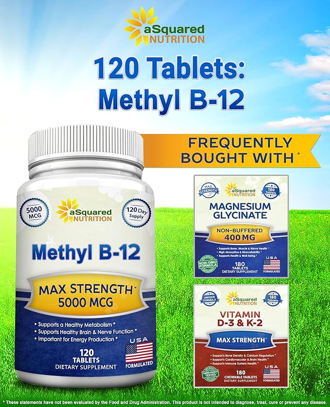 aSquared Nutrition Vitamin B12-5000 MCG Supplement with Methylcobalamin (Methyl B-12) - Max Strength Vitamin B 12 Support to Help Boost Natural Energy, Benefit Brain & Heart Function - 120 Tablets