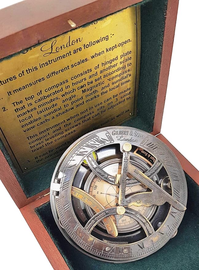 Brass Nautical - 5 inches Large Sundial Compass in Rosewood Case Top Grade Calibrated Vintage Gift