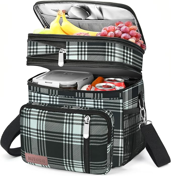 MIYCOO Lunch Bag & Lunch Box for Men Women Double Deck - Leakproof Insulated Soft Large Adult Lunch Cooler Bag for Work (Checkered Black and White,15L)