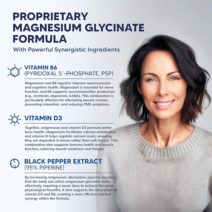 Magnesium Glycinate 1000mg with Vitamin D3 & B6-500mg per Capsule - Pure Elemental Mag Supplement Complex for Sleep, Muscle, Bone Health - Replace Gummies, Tablets & Powder - 120 Capsules