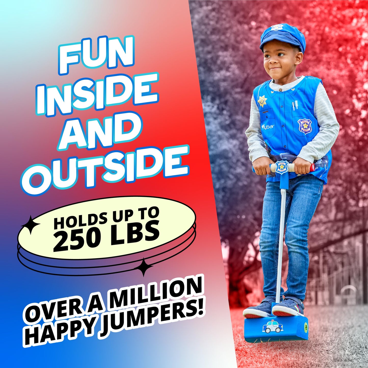 Flybar My First Foam Pogo Jumper for Kids Fun and Safe Pogo Stick for Toddlers, Durable Foam and Bungee Jumper for Ages 3 and up, Supports up to 250lbs (Blue Police)