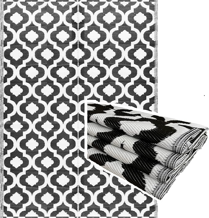 BalajeesUSA Outdoor Plastic Rugs - 6x9 Black, Reversible Recycled Plastic Straw Indoor Outdoor Patio Rugs Clearance Waterproof Large RV Camper Mats Outside 521