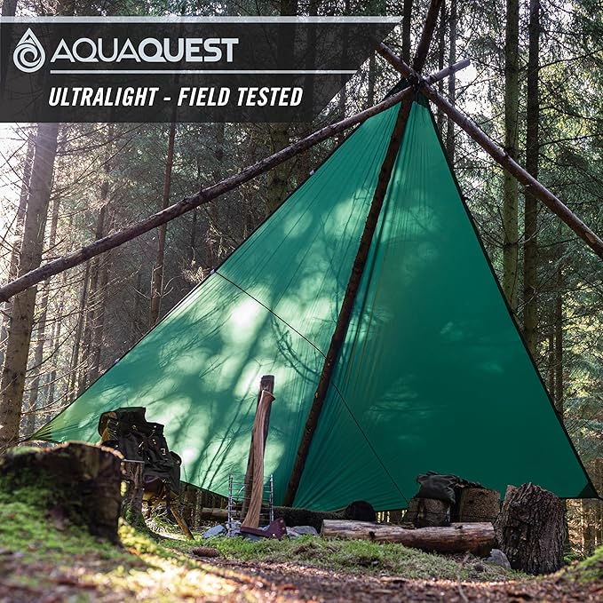 AquaQuest Guide Camping Tarp - Ultralight Tent Cover or Rain Fly - Waterproof Camping Gear Must Haves for Hiking, Hammock, Bivy & Survival, 10 x 7 ft, Forester Green