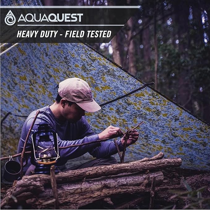 AquaQuest Defender Camping Tarp - Heavy Duty Tent Shelter or Rain Fly - Waterproof Camping Essentials for Hiking, Bushcraft & Hammock, 15 x 15 ft, Boulder Camo