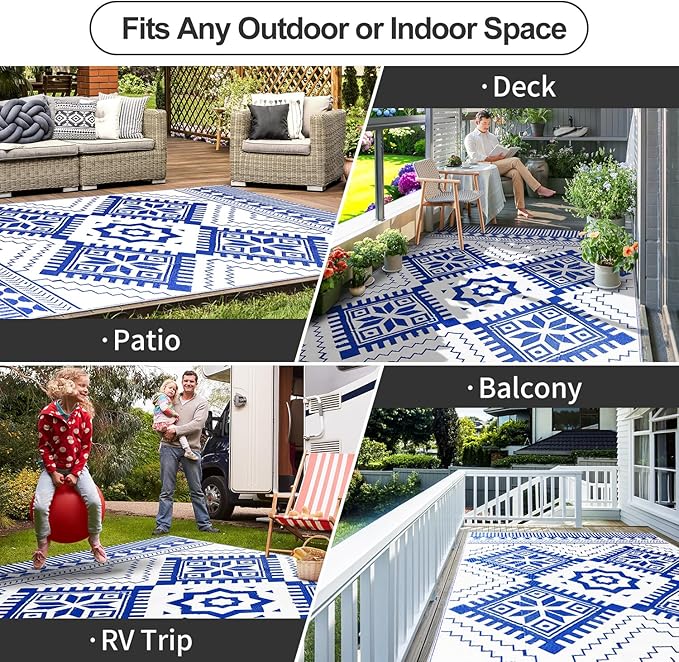 Waterproof Outdoor Rug 5x8ft, Boho Reversible Plastic Straw Mat for Patio RV Deck Porch Backyard Balcony Camping Picnic Beach Indoor Outdoor Carpet, Blue&White