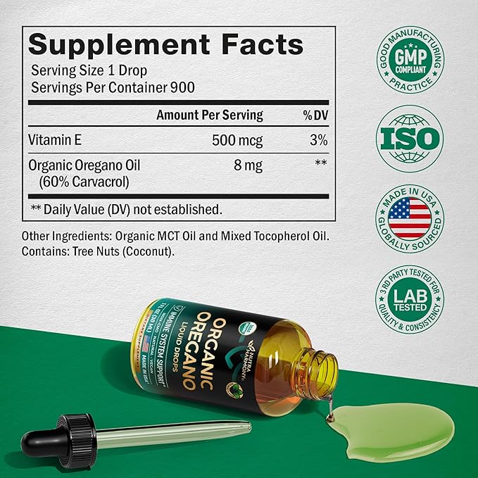 USDA Organic Oil of Oregano - Liquid Drops with Vitamin E - Made in USA - Supplement for Immune Support, Digestion Health & Antioxidant - Non-GMO, Natural, Vegan - As Pills, Capsules, Softgels 1 fl oz