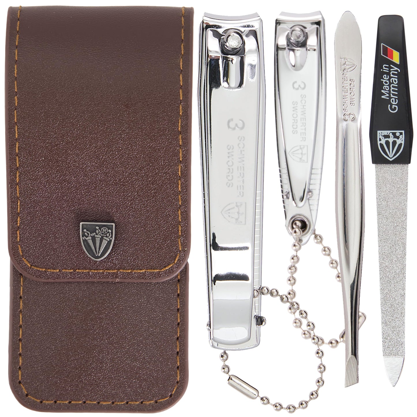 3 Swords Germany - manicure set with finger and toe nail clipper tweezers and nail file in brown synthetic leather case - brand quality
