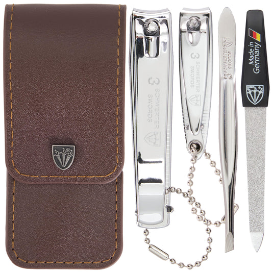 3 Swords Germany - manicure set with finger and toe nail clipper tweezers and nail file in brown synthetic leather case - brand quality