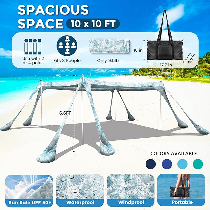 Beach Canopy Beach Tent Pop Up Shade 10x10ft Sun Shelter UPF50+ with 8 Sandbags-2 Sand Shovel-4 Aluminum Poles-Ground Pegs-Portable Carrying Bag for Outdoor Family Camping Fishing Yard Picnic