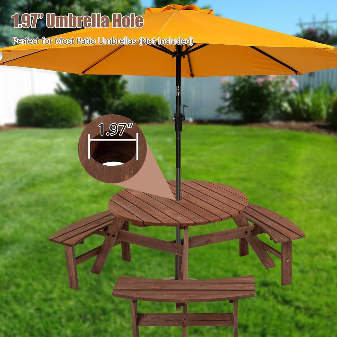 Picnic Table,6 Person Wooden Picnic Table with 3 Built-in Benches, Circular Outdoor Wooden Table with Seat for Patio, Backyard, Garden,2220lb Capacity - Natural