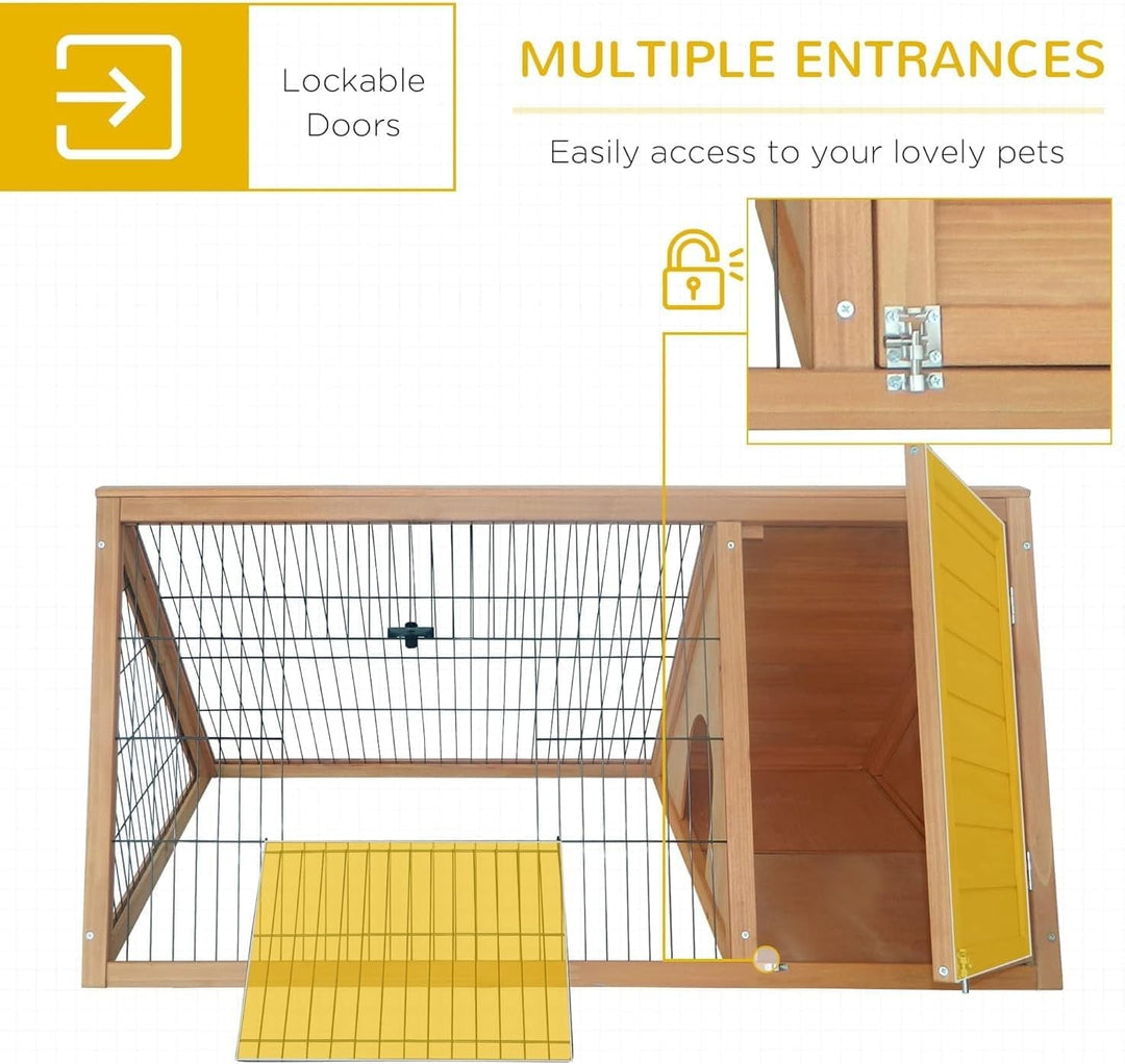 46" x 24" Wooden A-Frame Outdoor Rabbit Cage Small Animal Hutch with Outside Run & Ventilating Wire, Yellow