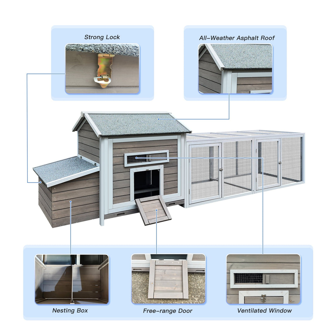 Coowa 118" Wooden Outdoor Chicken Coop Hen House Poultry Cage with Free - range Doors & Nesting Box
