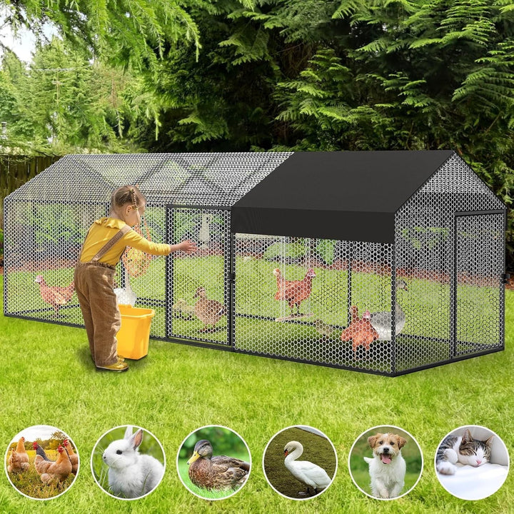 Large Metal Chicken Coop Chicken Run with Cover for 10-12 Chickens 120"×40"×40" Portable Poultry Cage Hen House Outdoor Backyard Farm Animal Enclosure Crate Pet Playpen Exercise Pen for Rabbit Duck