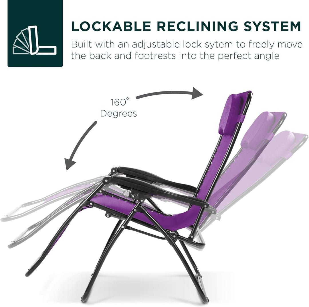 ZDOOR Oversized Zero Gravity Chair, Folding Outdoor Patio Lounge Recliner w/Cup Holder Accessory Tray, Pillow - Amethyst Purple
