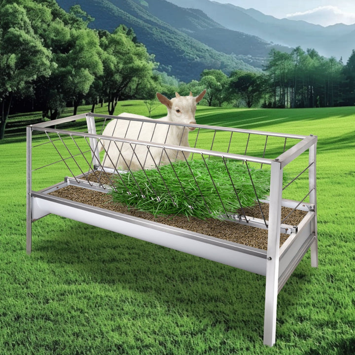 2-in-1 Stainless Steel Goat Feeder - 77 Gallon Large Capacity Hay Feeder for Goats, Sheep, Horses & Alpacas - Heavy Duty Livestock Feeder with Spill Prevention