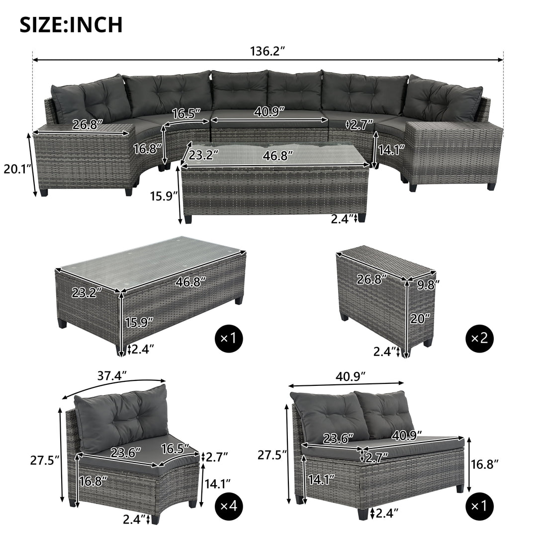 Baugery 8-Piece Half Moon Cruved Round Outdoor Sectional Sofa Furniture Set with Coffee Table, Grey/Beige